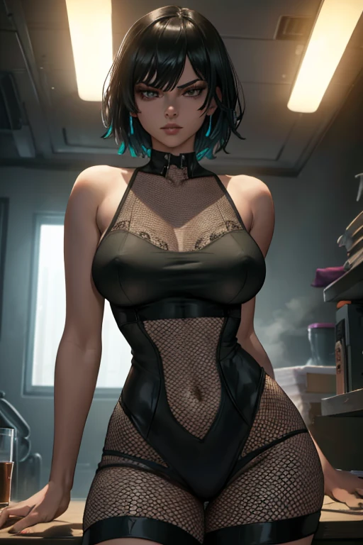 A beautiful detailed young woman with short black hair, wearing a dark short night dress, fishnets, and black and white sneakers, in a sexy and erotic pose, at a night club setting, (best quality,4k,8k,highres,masterpiece:1.2),ultra-detailed,(realistic,photorealistic,photo-realistic:1.37),portrait,chiaroscuro lighting,dramatic lighting,dark moody atmosphere,vibrant colors,highly detailed facial features,intricate details,cinematic composition