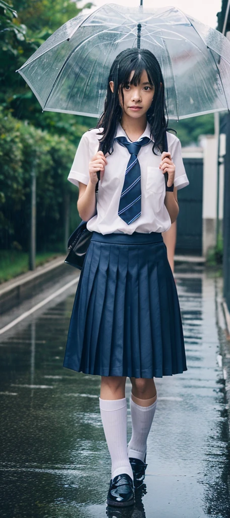 ((highest quality)), ((masterpiece)), (be familiar with), Perfect Face,Japanese,9 *********,Girl,cute,***********************,Private *****************,***************************,Young,,uniform,White blouse,Checkered mini skirt,school bag,In front of the station,rain,Wet hair