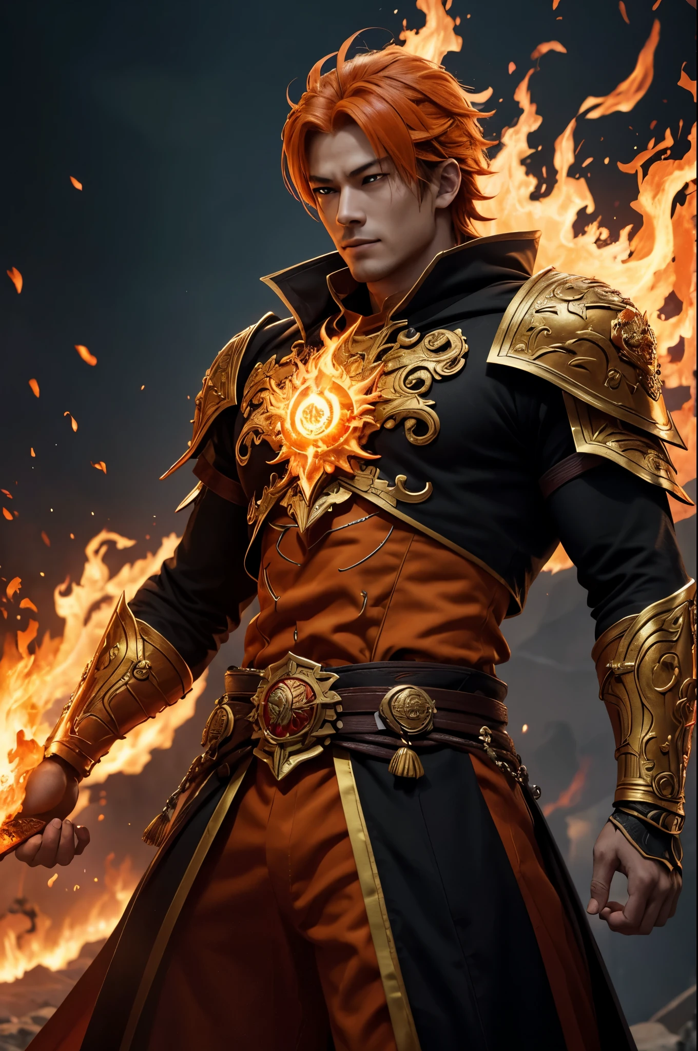 8K,エネルギーを纏った非常に若いFire God Boy,Super handsome(Like the real thing),He looks at the audience with a fearless smile.,Orange Hair,Orange Flame Armor(Fire God Crest),Orange Flame Gauntlet(Fire God Crest),Orange Flame Leg Guards(Fire God Crest),Dark and desolate land,Photorealistic RAW photos of the highest quality。Bright colors,Rich colors, Backlight, Cinema Lighting, Film Grain, 50mm lens, Nikon D850,Realistic Skin,Fantasy art,Character Art,Ultra-high resolution,Realistic Skin,Extremely strong and defined abs,bulging muscles,Fire God Boy,Golden Eyes,