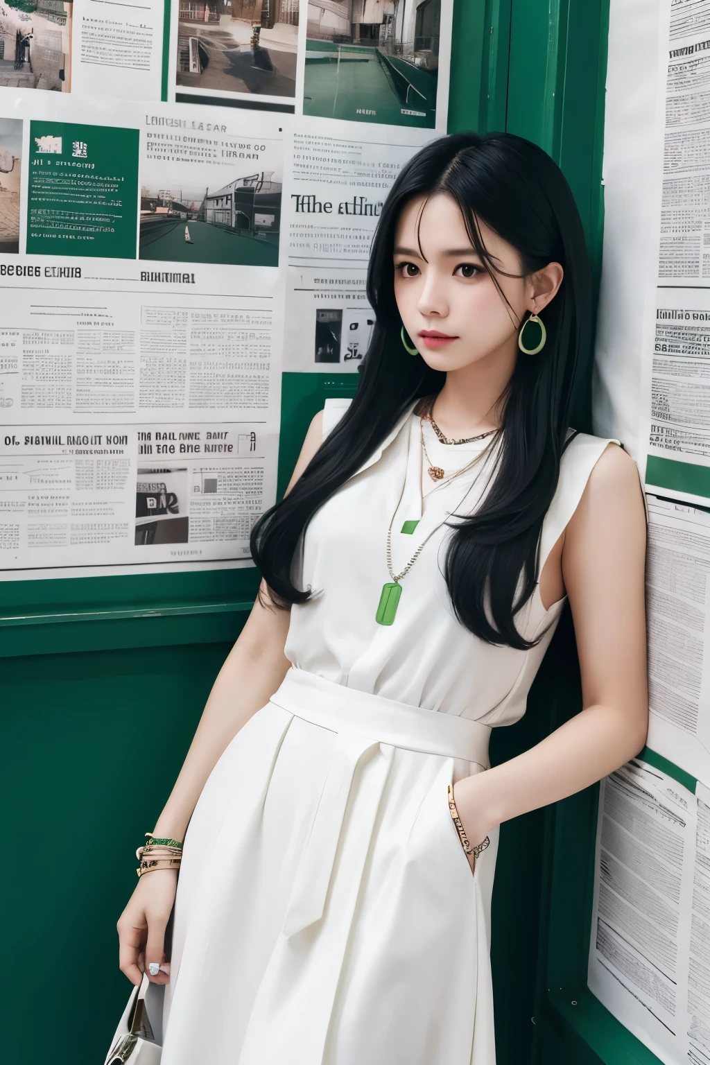 1 Girl,Lonely,Persistence,(white|green|slope_Long black hair),jewelry,Earrings, necklace,{JK}, Newspaper wall,Medium chest,Clothes writing,, Very detailedな, 8k wallpaper, Very detailed, Highest quality,fashionable,Julia,An ennui look,Emotional