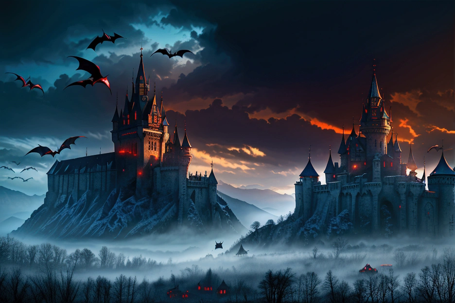 Conde Dracula, Red eyes, castle, vampires, bats, blood,