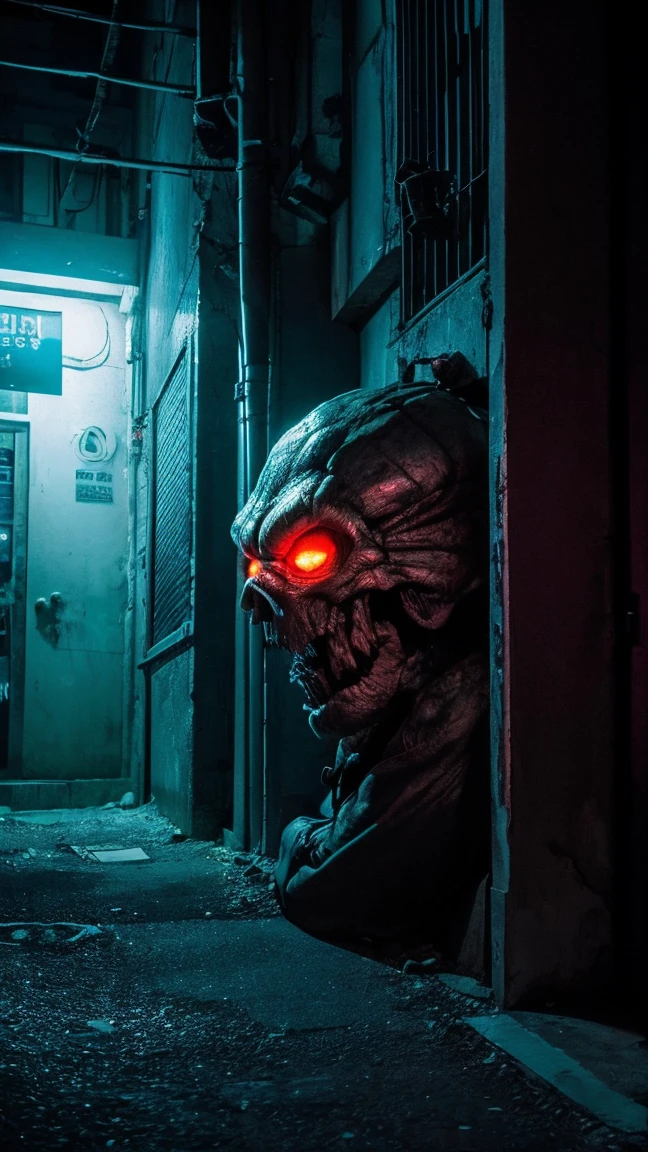 masterpiece, best quality，Many huge monsters((Human head))Mutated，A human hiding in a corner of the city，night，4K，scary，detailed，night neon