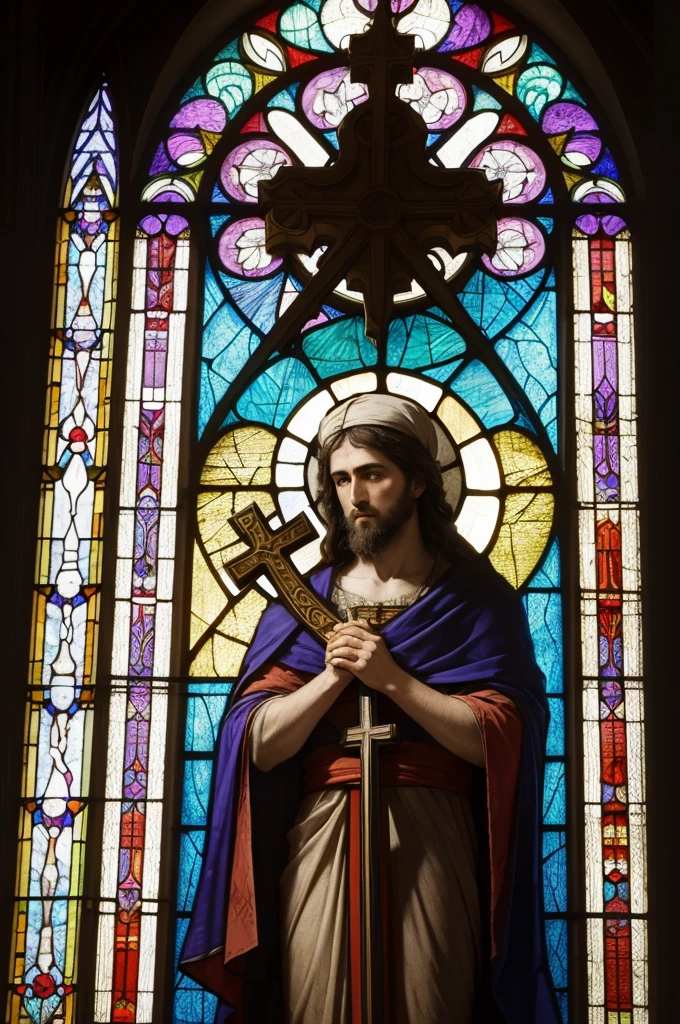 a stained glass window with a man holding a cross in it's hand and a cross on the other side, Clovis Trouille, romanesque, art noveau, a pastel