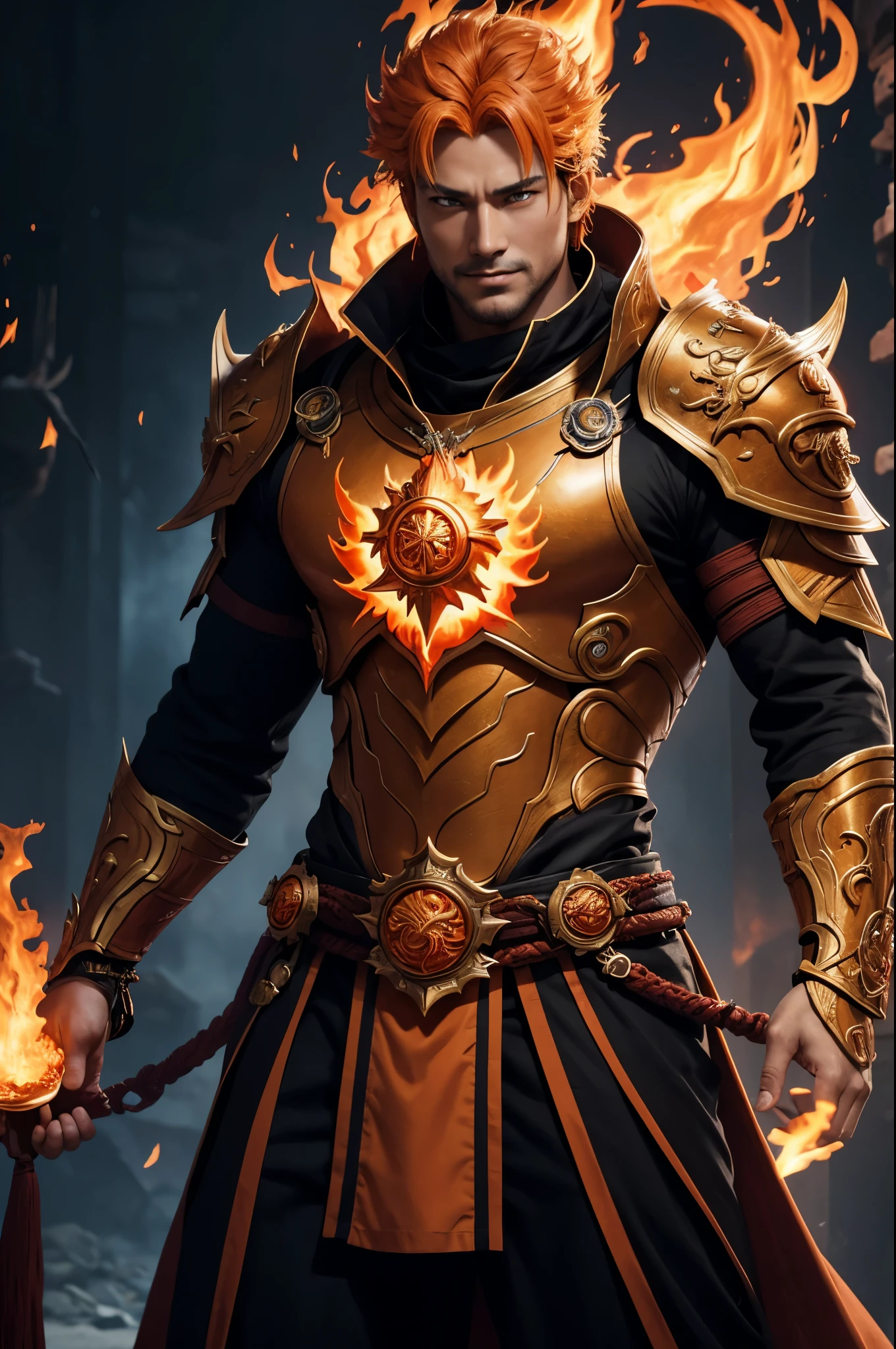 8K,エネルギーを纏った非常に若いFire God Boy,Super handsome(Like the real thing),He looks at the audience with a fearless smile.,Orange Hair,Orange Flame Armor(Fire God Crest),Orange Flame Gauntlet(Fire God Crest),Orange Flame Leg Guards(Fire God Crest),Dark and desolate land,Photorealistic RAW photos of the highest quality。Bright colors,Rich colors, Backlight, Cinema Lighting, Film Grain, 50mm lens, Nikon D850,Realistic Skin,Fantasy art,Character Art,Ultra-high resolution,Realistic Skin,Extremely strong and defined abs,bulging muscles,Fire God Boy,Golden Eyes,