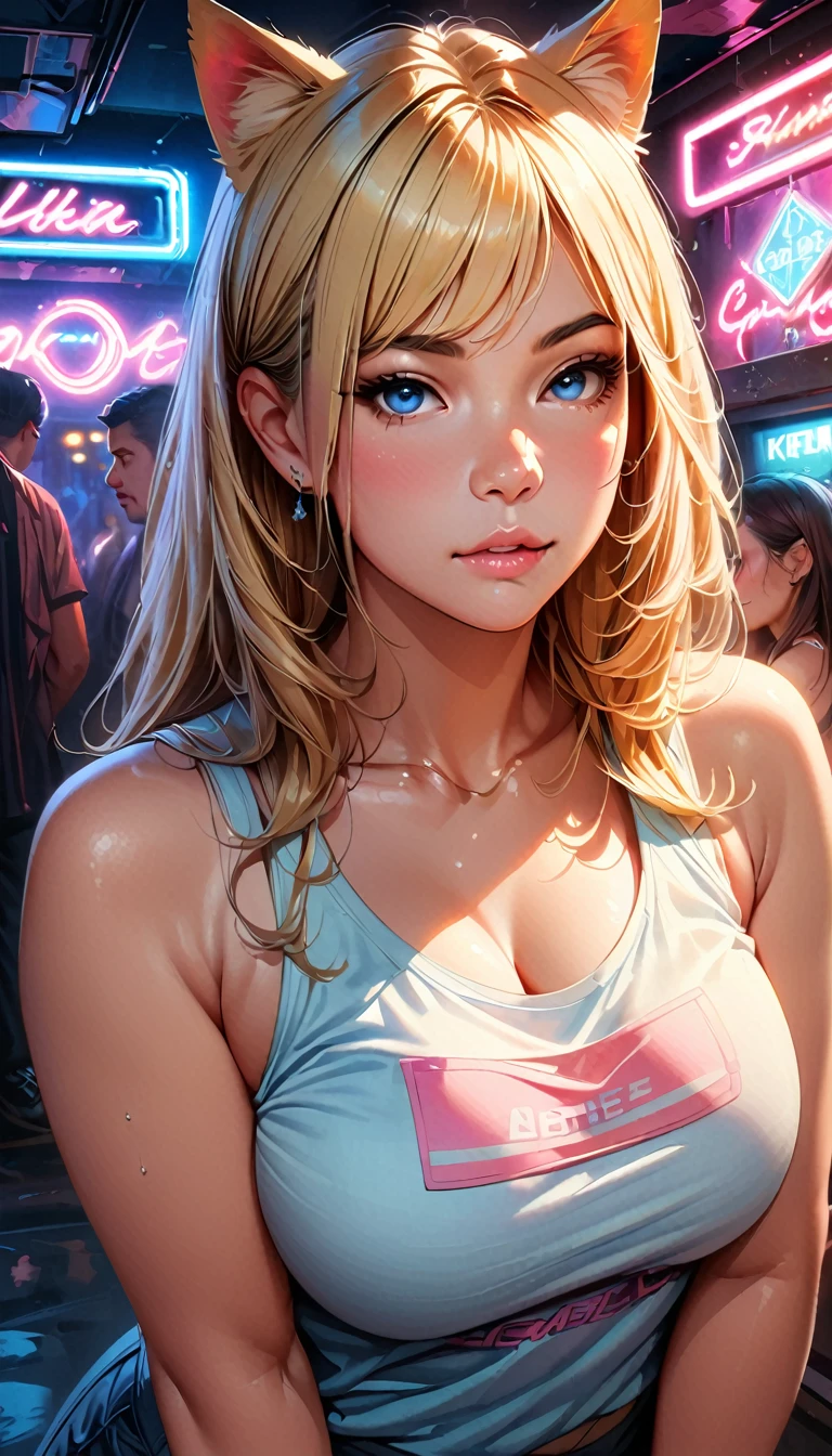 1girl, beautiful detailed eyes, beautiful detailed lips, extremely detailed eyes and face, long eyelashes, soft skin, pale skin, soft blush, blonde straight hair, tank top, bare shoulders, high-waisted shorts, looking at viewer, cat ears, plump lips, beautiful blue eyes, realistic background, nightclub, neon lights, (best quality,4k,8k,highres,masterpiece:1.2),ultra-detailed,(realistic,photorealistic,photo-realistic:1.37),vibrant colors,dramatic lighting,intricate details