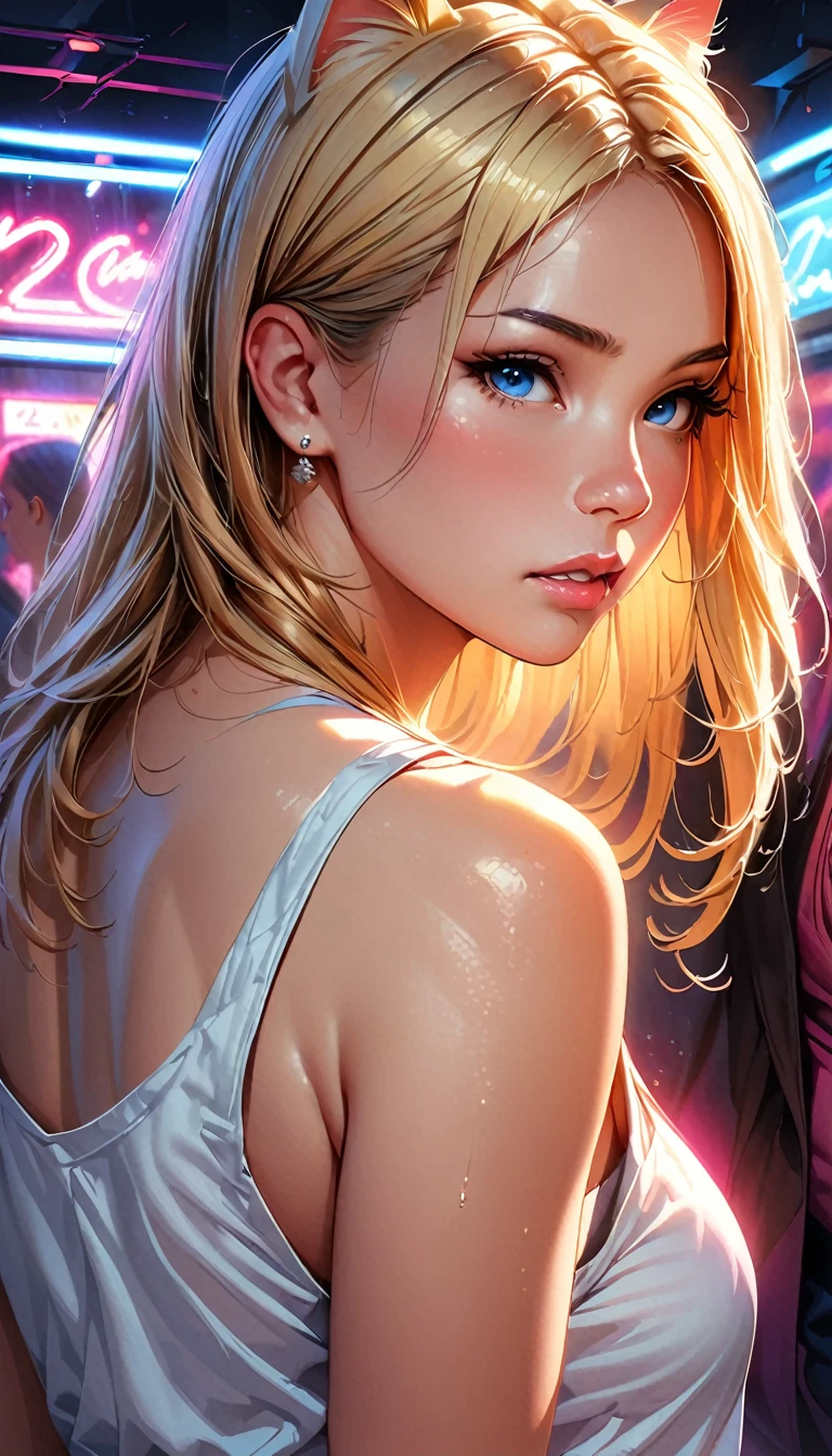 1girl, beautiful detailed eyes, beautiful detailed lips, extremely detailed eyes and face, long eyelashes, soft skin, pale skin, soft blush, blonde straight hair, tank top, bare shoulders, high-waisted shorts, looking at viewer, cat ears, plump lips, beautiful blue eyes, realistic background, nightclub, neon lights, (best quality,4k,8k,highres,masterpiece:1.2),ultra-detailed,(realistic,photorealistic,photo-realistic:1.37),vibrant colors,dramatic lighting,intricate details