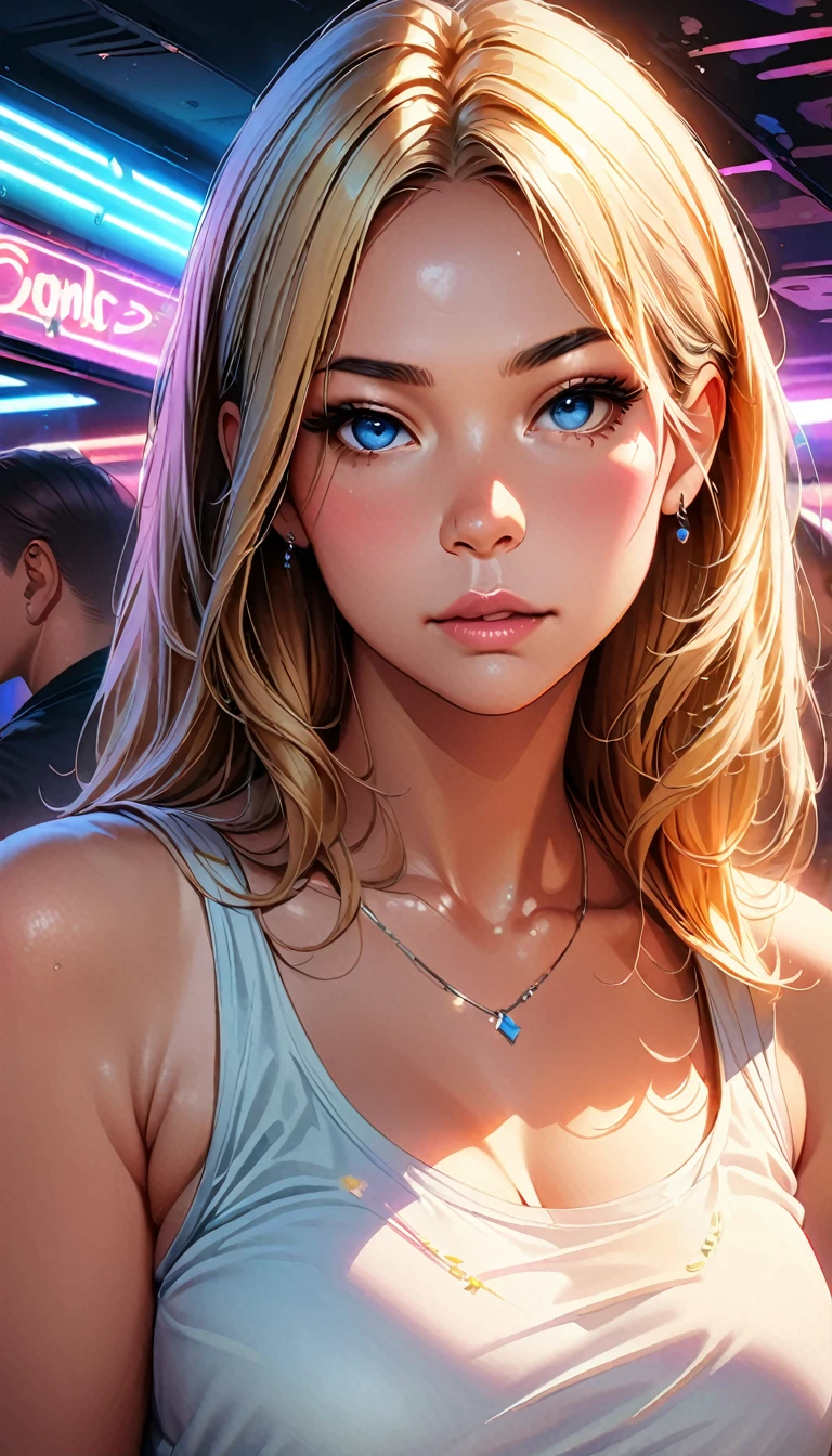 1girl, beautiful detailed eyes, beautiful detailed lips, extremely detailed eyes and face, long eyelashes, soft skin, pale skin, soft blush, blonde straight hair, tank top, bare shoulders, high-waisted shorts, looking at viewer, cat ears, plump lips, beautiful blue eyes, realistic background, nightclub, neon lights, (best quality,4k,8k,highres,masterpiece:1.2),ultra-detailed,(realistic,photorealistic,photo-realistic:1.37),vibrant colors,dramatic lighting,intricate details