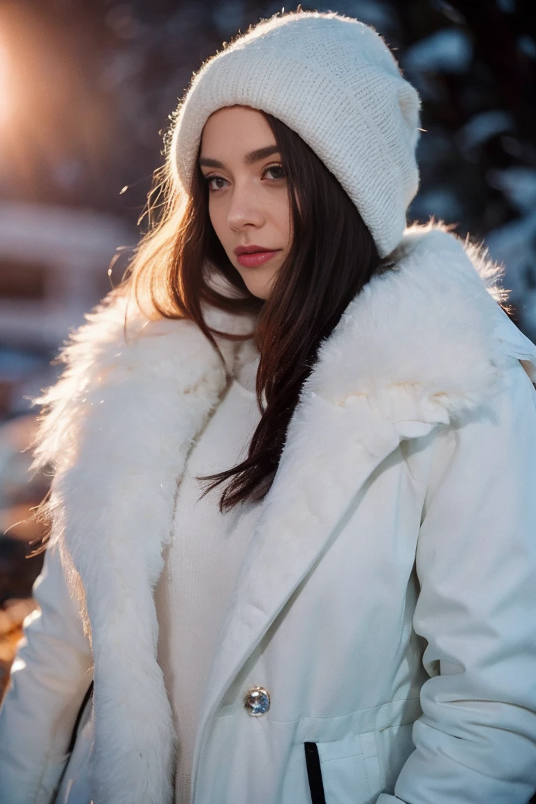 photo of Beautiful brunette woman standing in the snowy mountains with colorful, perfect lighting. Shot with Leica Summicron 35mm f2.0 lens on Kodak Portra 400 film