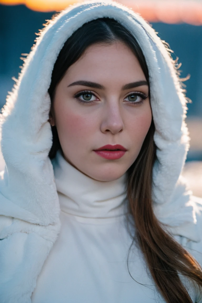 photo of Beautiful brunette woman standing in the snowy mountains with colorful, perfect lighting. Shot with Leica Summicron 35mm f2.0 lens on Kodak Portra 400 film