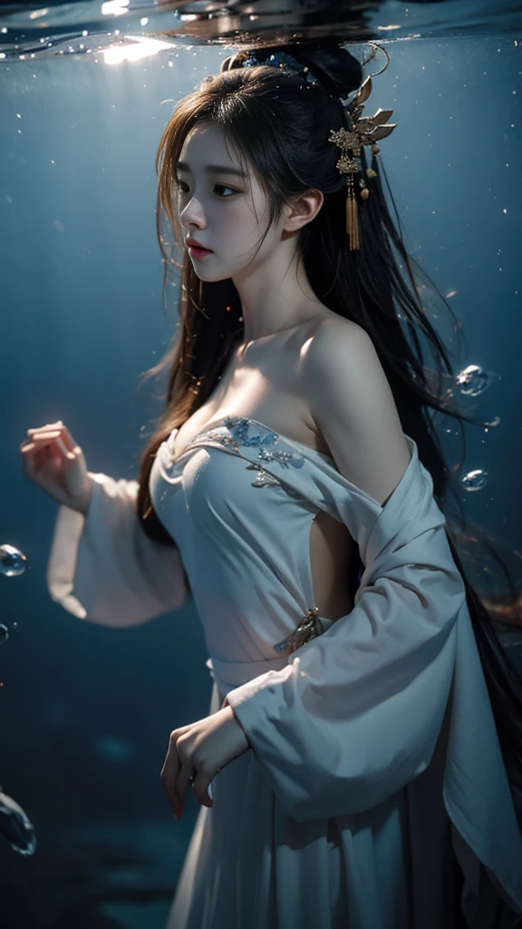 ((best quality)), ((masterpiece)), (detailed), 1 Girl,  Underwater，Melancholy，Tears，night，Chinese style