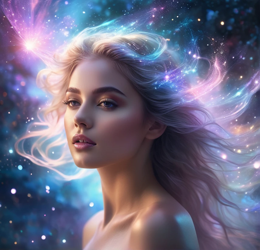 "Graceful young woman with luminous skin, surrounded by shimmering aurora borealis, magical forest background, fairy-like appearance, intricate details, soft focus, ethereal beauty, photorealistic render""Beautiful ethereal young woman with flowing hair, standing amidst a swirling cosmic nebula, magical sparks and stardust surrounding her, dreamy and enchanting atmosphere, high detail, photorealistic quality"
fantasy
portrait
space
magic
"Delicate young female figure emerging from a misty galaxy, soft pastel colors, celestial beauty, wisps of cosmic energy swirling around her, ethereal glow, ultra high resolution, cinematic lighting"