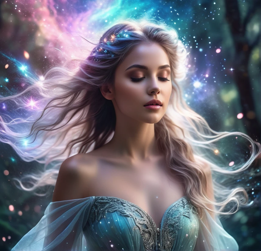 "Graceful young woman with luminous skin, surrounded by shimmering aurora borealis, magical forest background, fairy-like appearance, intricate details, soft focus, ethereal beauty, photorealistic render""Beautiful ethereal young woman with flowing hair, standing amidst a swirling cosmic nebula, magical sparks and stardust surrounding her, dreamy and enchanting atmosphere, high detail, photorealistic quality"

fantasy
portrait
space
magic
"Delicate young female figure emerging from a misty galaxy, soft pastel colors, celestial beauty, wisps of cosmic energy swirling around her, ethereal glow, ultra high resolution, cinematic lighting"