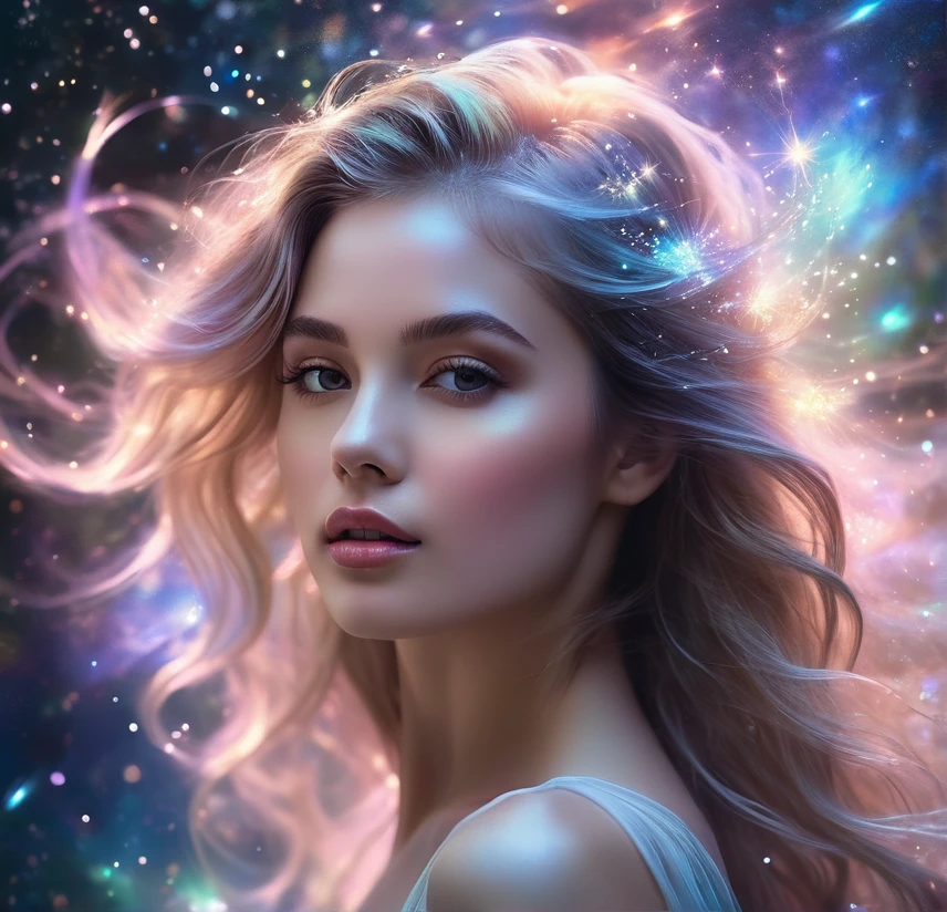 "Graceful young woman with luminous skin, surrounded by shimmering aurora borealis, magical forest background, fairy-like appearance, intricate details, soft focus, ethereal beauty, photorealistic render""Beautiful ethereal young woman with flowing hair, standing amidst a swirling cosmic nebula, magical sparks and stardust surrounding her, dreamy and enchanting atmosphere, high detail, photorealistic quality"

fantasy
portrait
space
magic
"Delicate young female figure emerging from a misty galaxy, soft pastel colors, celestial beauty, wisps of cosmic energy swirling around her, ethereal glow, ultra high resolution, cinematic lighting"