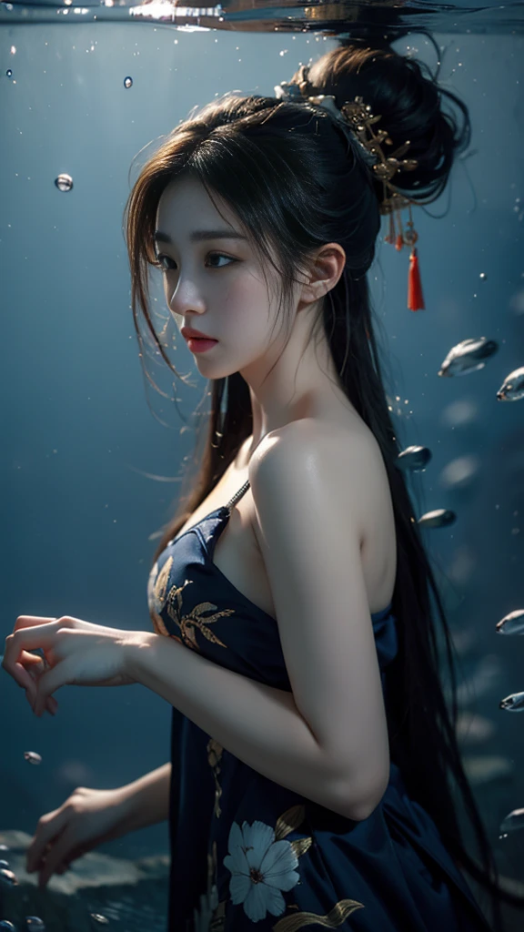 ((best quality)), ((masterpiece)), (detailed), 1 Girl, Underwater,Melancholy,Tears,night,Chinese style