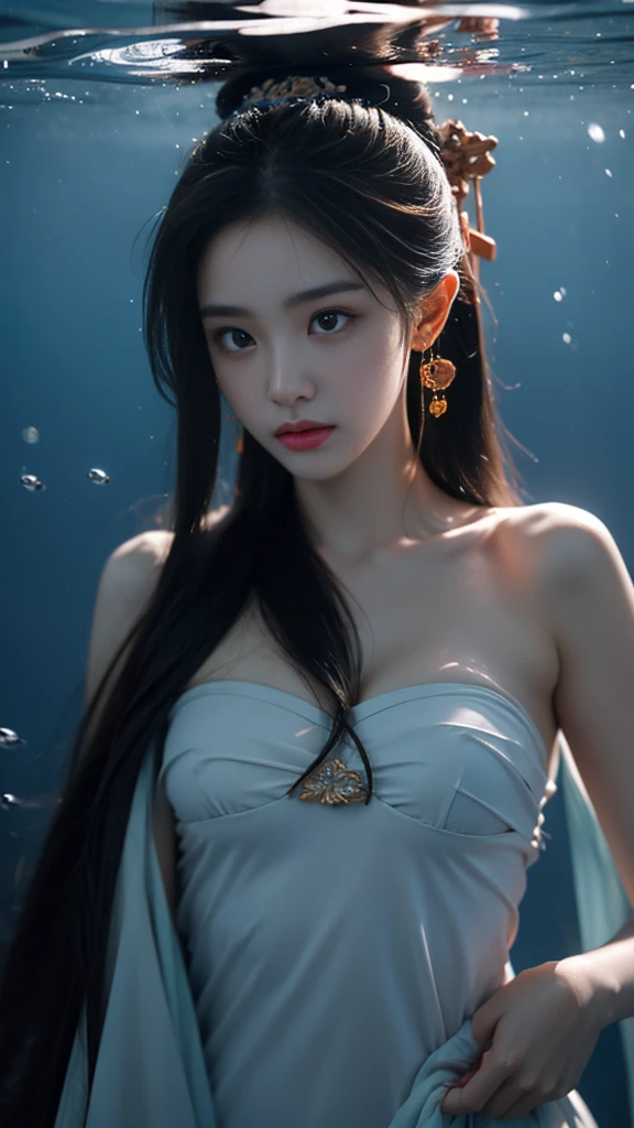 ((best quality)), ((masterpiece)), (detailed), 1 Girl,  Underwater，Melancholy，Tears，night，Chinese style