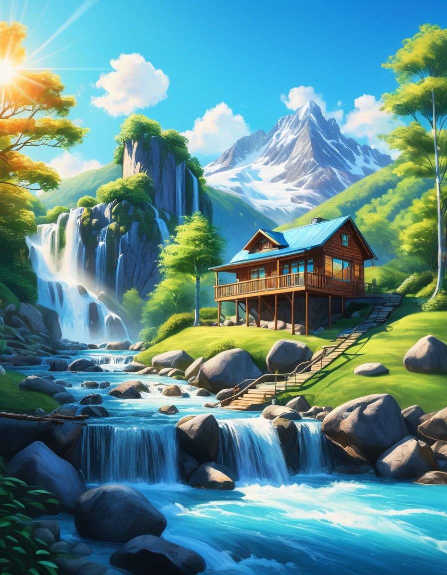 A drawing of a one-story house with mountains in the background and a waterfall flowing from a height. The bright blue sky, the stream flowing through the tree house provides coolness. ,Daytime atmosphere, the sun shines through the branches. Macro lens, ultra4k resolution, oil painting.