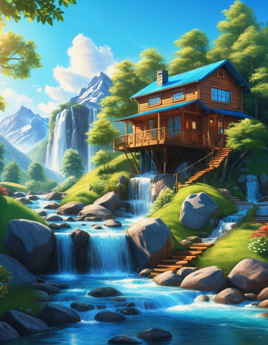 A drawing of a one-story house with mountains in the background and a waterfall flowing from a height. The bright blue sky, the stream flowing through the tree house provides coolness. ,Daytime atmosphere, the sun shines through the branches. Macro lens, ultra4k resolution, oil painting.