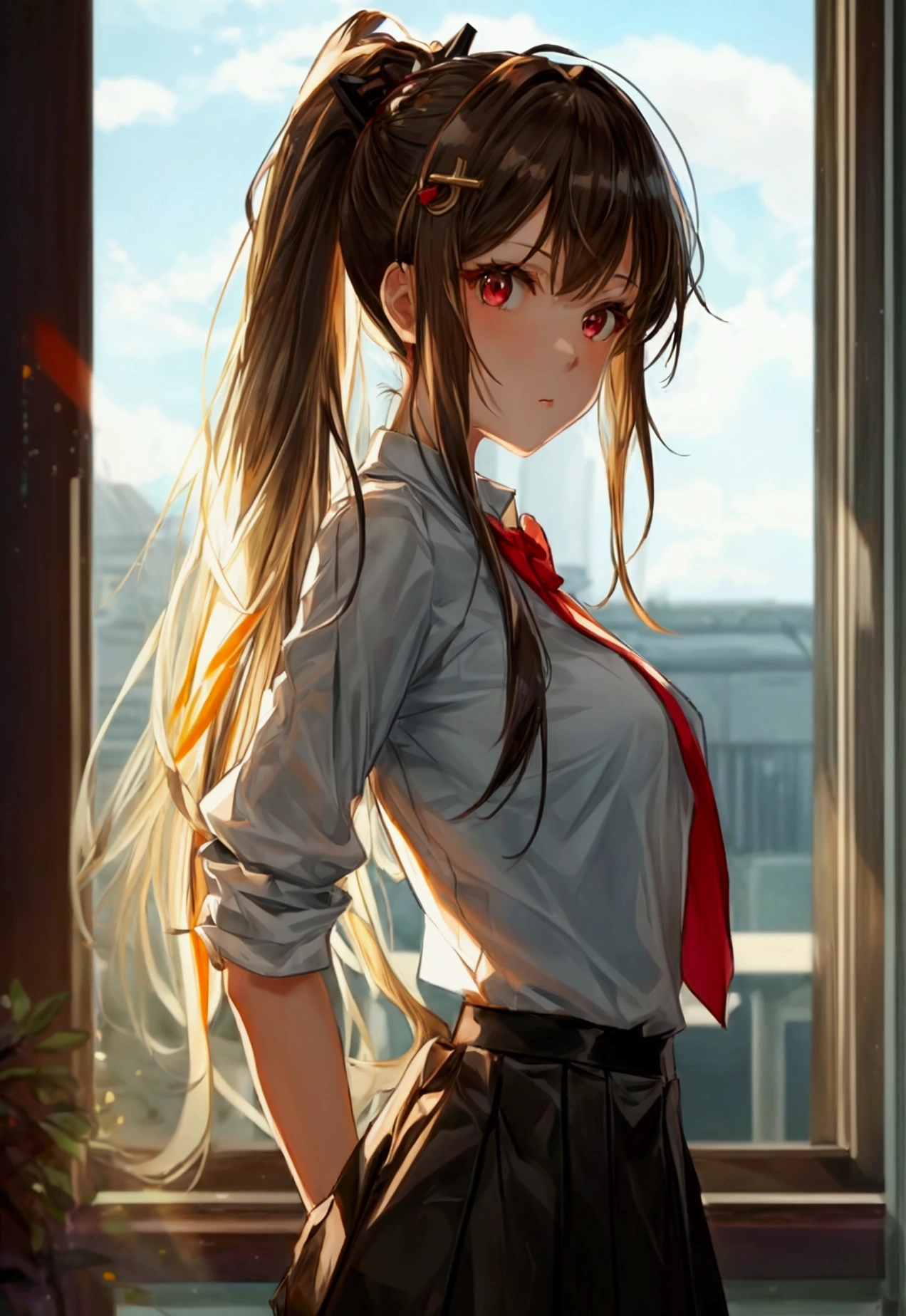 , 1girl, masterpiece, long hair, ponytail, medium breasts, anime, , anime screencap, indoors, long bangs, hair ornament, white shirt, black pantyhose, black skirt, red eyes, dark brown hair, thighs, intricate shirt, standing, best quality, sunlight, beauty, 1girl.