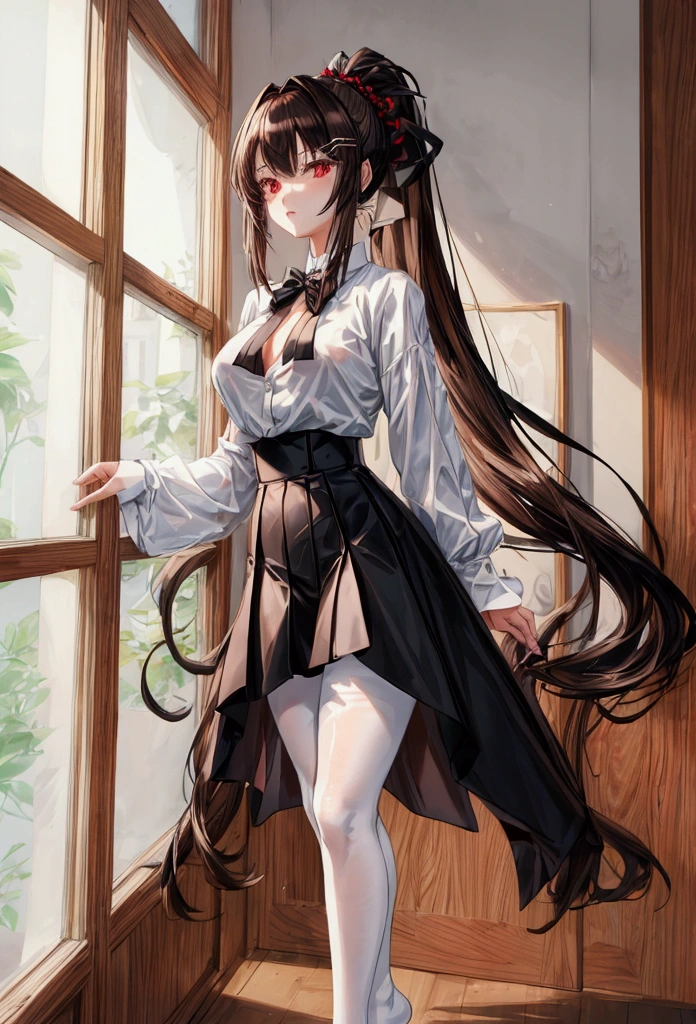 , 1girl, masterpiece, long hair, ponytail, medium breasts, anime, , anime screencap, indoors, long bangs, hair ornament, white shirt, black pantyhose, black skirt, red eyes, dark brown hair, thighs, intricate shirt, standing, best quality, sunlight, beauty, 1girl.