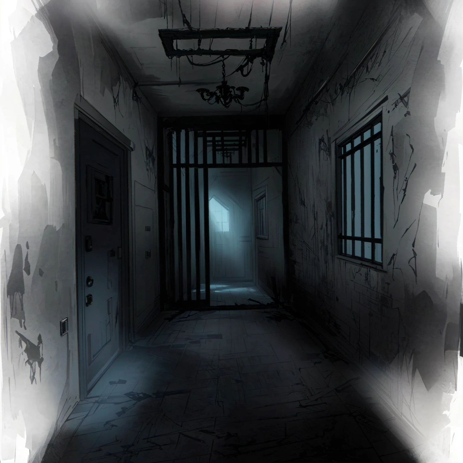 There is a photo of the hallway，Light comes in from the window, Prison Background, Silent Hill concept art, Creepy liminal space, Horror Concept Art, dark hallways, Interior Background Art, Weird nostalgic concept art, dark hallway, Dark Concept Art, long dark hallway, The terrifying empty limbo, Horror environment, creepy backgrounds, dark hallway