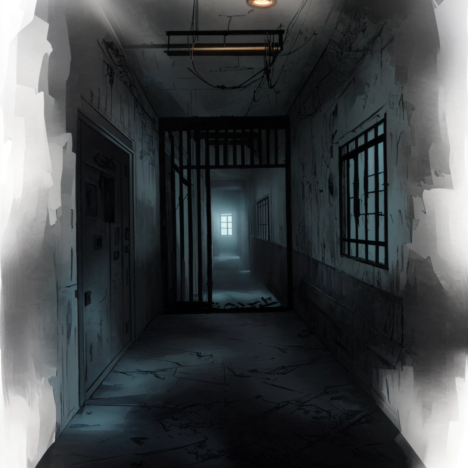 There is a photo of the hallway，Light comes in from the window, Prison Background, Silent Hill concept art, Creepy liminal space, Horror Concept Art, dark hallways, Interior Background Art, Weird nostalgic concept art, dark hallway, Dark Concept Art, long dark hallway, The terrifying empty limbo, Horror environment, creepy backgrounds, dark hallway