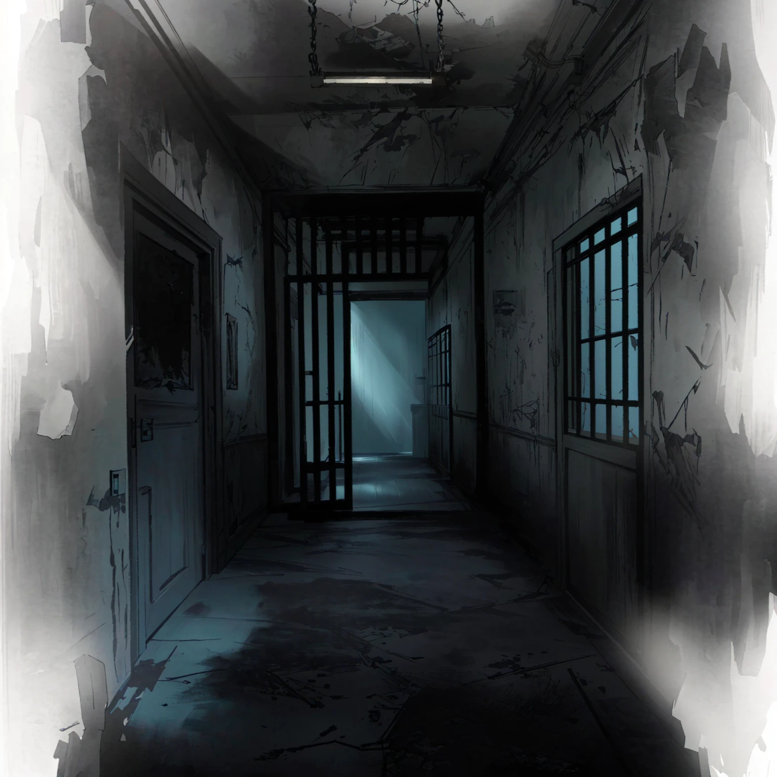 There is a photo of the hallway，Light comes in from the window, Prison Background, Silent Hill concept art, Creepy liminal space, Horror Concept Art, dark hallways, Interior Background Art, Weird nostalgic concept art, dark hallway, Dark Concept Art, long dark hallway, The terrifying empty limbo, Horror environment, creepy backgrounds, dark hallway