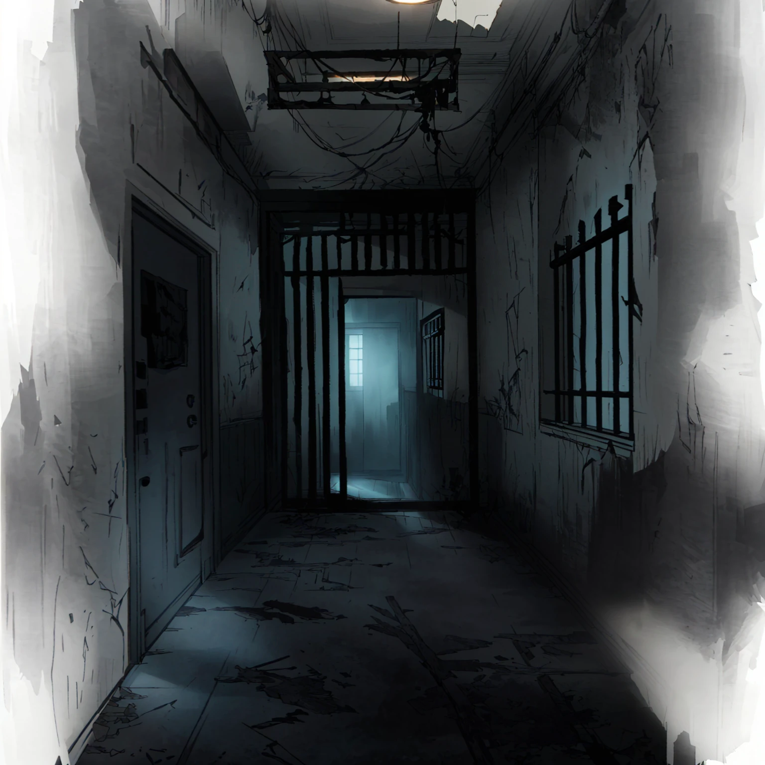 There is a photo of the hallway，Light comes in from the window, Prison Background, Silent Hill concept art, Creepy liminal space, Horror Concept Art, dark hallways, Interior Background Art, Weird nostalgic concept art, dark hallway, Dark Concept Art, long dark hallway, The terrifying empty limbo, Horror environment, creepy backgrounds, dark hallway