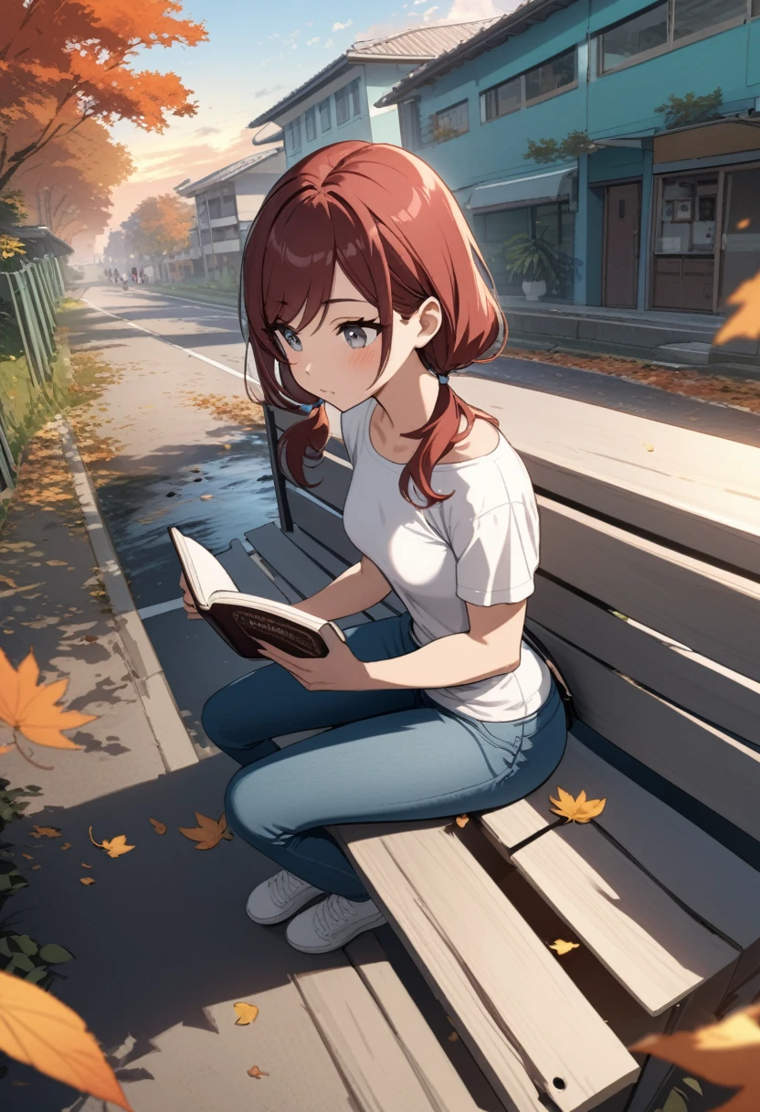 Best quality, masterpiece, from above, stoic young woman with gray eyes sitting on bench and reading book, dark red hair in low twin tails, swept bangs, strapless white shirt, jeans, satchel, toned arms, small breasts, creek, outdoors, autumn, sunrise, tropical, clouds,teal buildings, white steps, fence, road, people in background, falling leaves, 