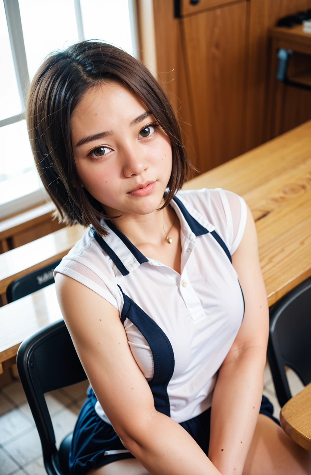 One Girl , 17 years old, back, The eyes are brown, Tabletop, Highest quality,(detailed),(On top of that),high school student, , outside, School, (thin:1),Dazzling sunlight, Short Hair,classroom, Sailor suit