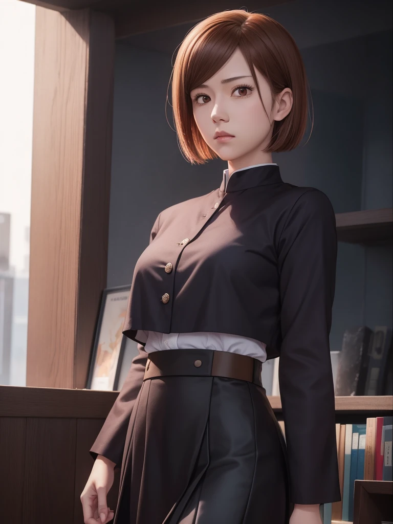 Kugisaki nobara from jujutsu kaisen, mini skirt, short hair,1 Girl, Perfect body, Realistic, Highly detailed face, Brown Hair