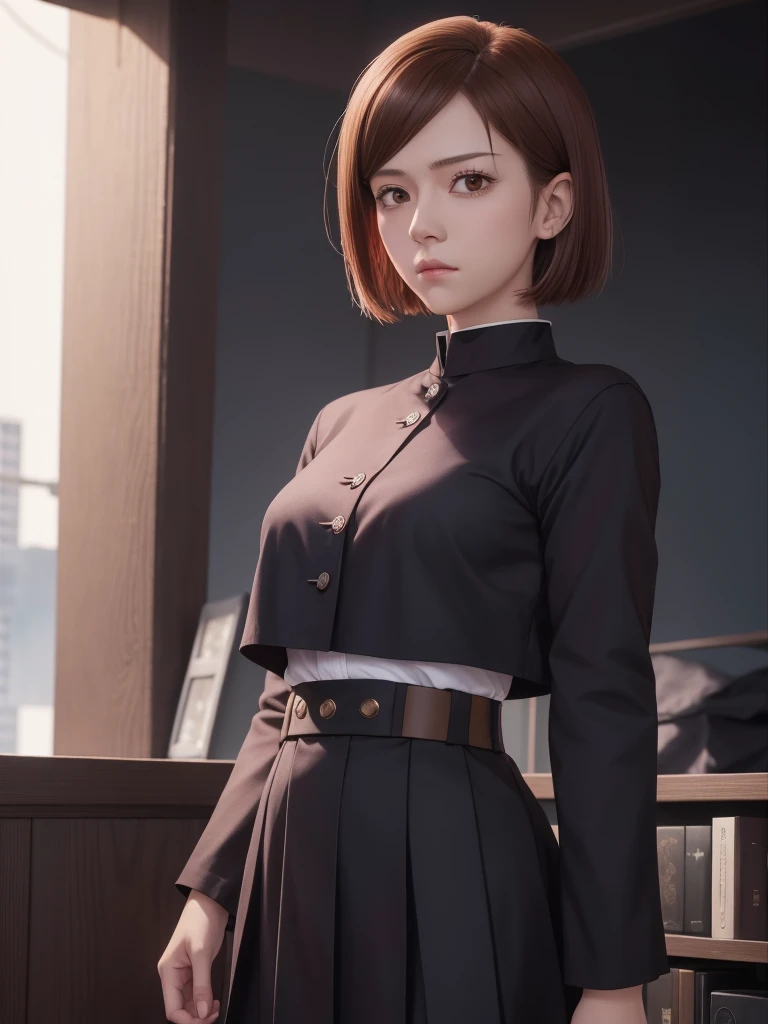 Kugisaki nobara from jujutsu kaisen, mini skirt, short hair,1 Girl, Perfect body, Realistic, Highly detailed face, Brown Hair