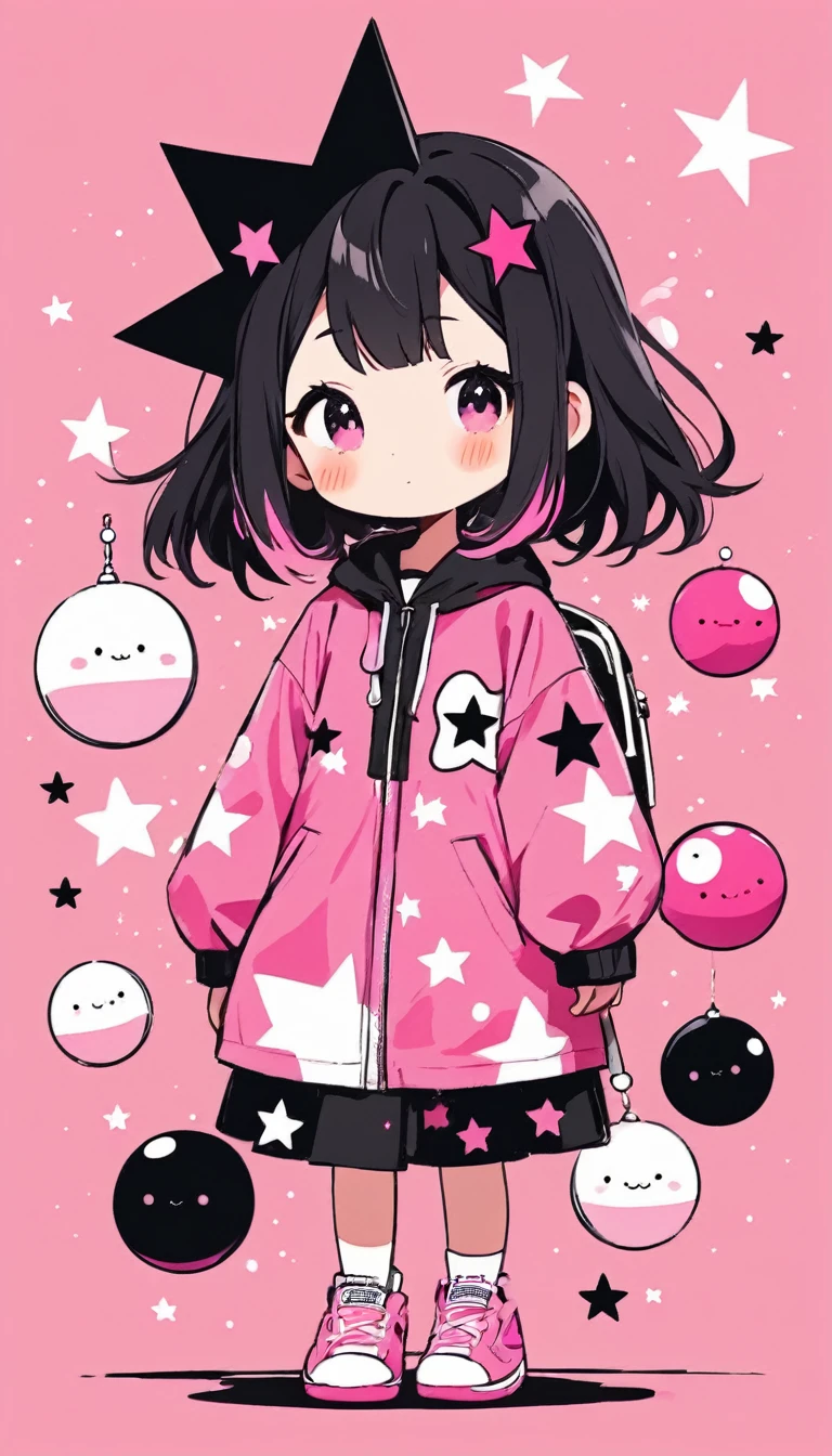 Black Star style, pink and white, Starting a line easily,abstract art,kawaii design, The most beautiful girl of all time, Colorful and cute balls