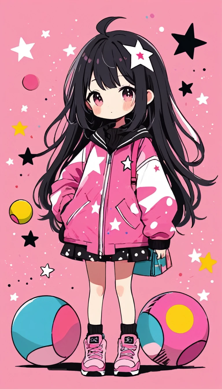 Black Star style, pink and white, Starting a line easily,abstract art,kawaii design, The most beautiful girl of all time, Colorful and cute balls