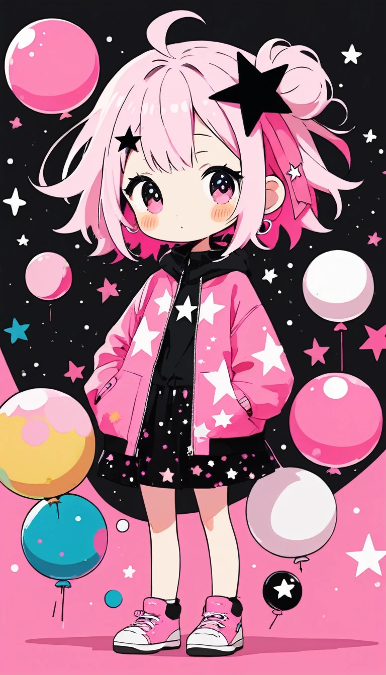 Black Star style, pink and white, Starting a line easily,abstract art,kawaii design, The most beautiful girl of all time, Colorful and cute balls
