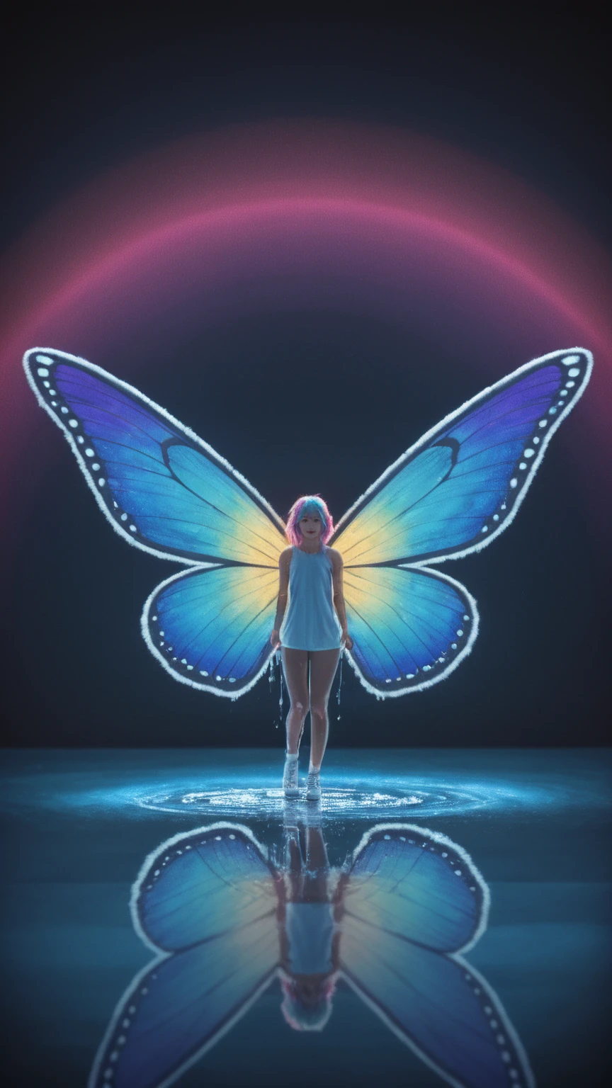 realistic,score_9, score_8_up, score_7_up,
cowboy_shot, Psychedelic, Datura stramonium, Synthwave, Blurred butterfly wings, A blurred sense of borders, The wings blend in with the background, Circular composition, A slender, handsome woman wrapped in liquid splash made of shiny volumetric Mandelbrot printed on fluffy fur, Glossy, Extreme color mixing, Divergent light, Shiny, Vibrant colors, Volumetric, Casts bright colorful highlights, Best quality, Partially translucent, Sharp clear art, Self-illuminating, Inner glow, Divine, Reflective floor.