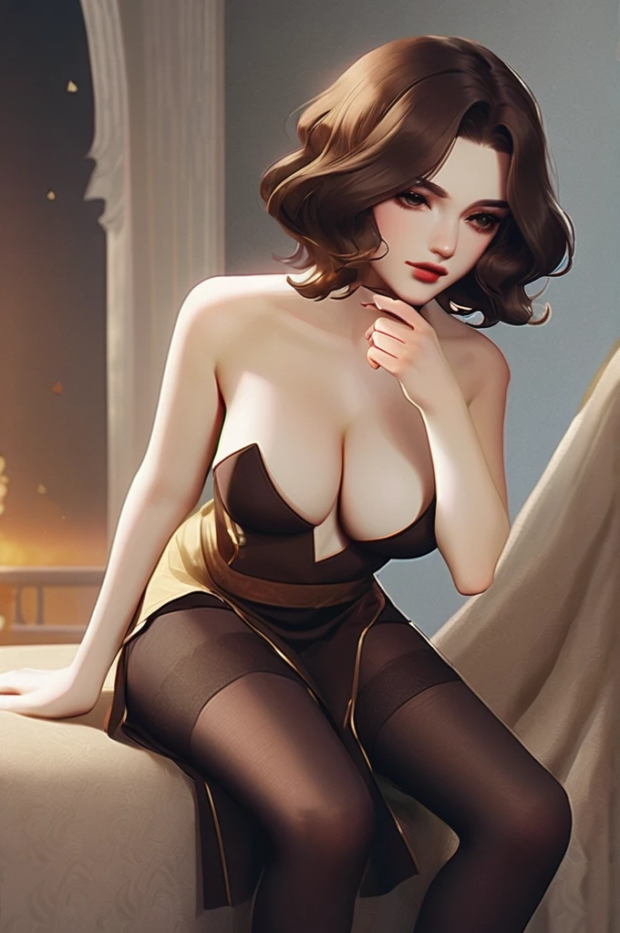 ((Лучшее качество)), ((шедевр)), (подробный), draw a beautiful brunette in stockings and naked, who beckons with her finger for sex