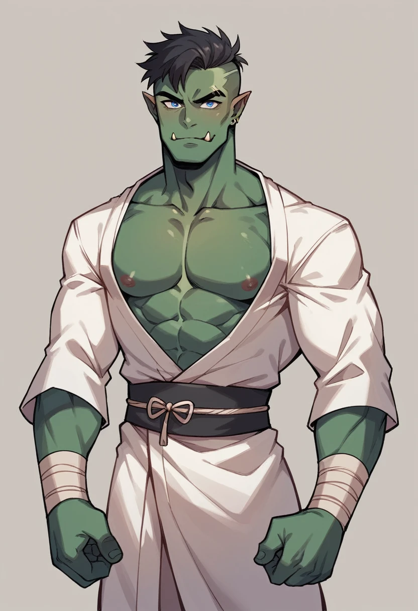 fully body, the character is a Half-Orc, green skin, Standing about 1.8 to 1.9 meters tall with a slender build, but muscular. Her black hair is tied in a samurai bun, expressive blue-gray eyes, prominent lower canines. He is dressed in a monk's kinono in white colors, uncut. The lower body is dressed in tailored pants and reinforced boots, and a wide band of white leather. Accessories include gauntlets with gold detailing, of medieval fantasy.