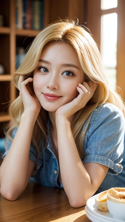 Highest quality，26 years old，woman，long hair，blond hair，wavy，With big eyes、blue，bright、Has a lively expression，健康的でbright肌の色，Thick lips，
"A girl peeking from behind a table, only her face visible, smiling. Her hands are either resting on the table or she is propping her chin up with her hands. The scene is cheerful and playful."
