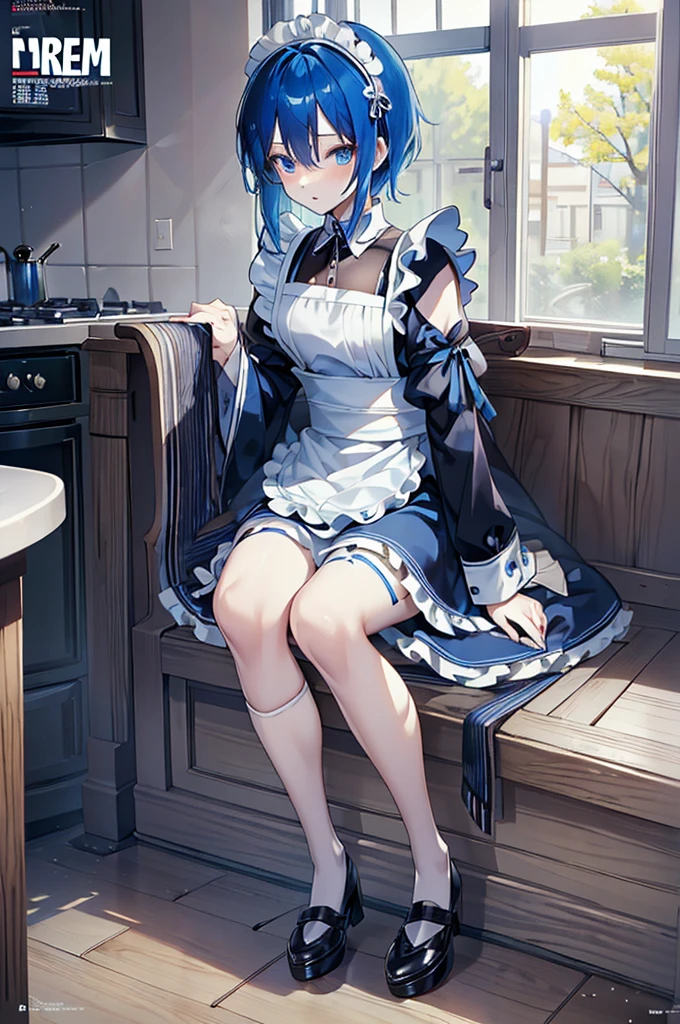 masterpiece, best quality, full body, (1boy), blue hair, Maid Dress, (Boy Messy Japanese Round Haircut for Thick Hair), (blue hair), black shorts, ((solo)), (magazine:1.3), (cover-style:1.3), fashionable,