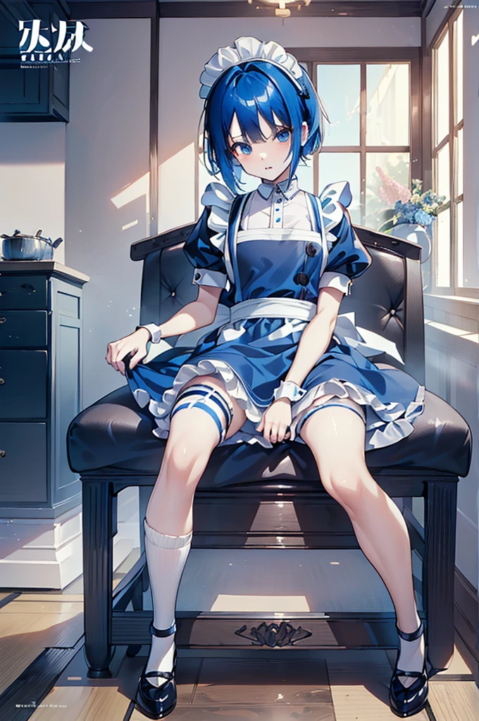 masterpiece, best quality, full body, (1boy), blue hair, Maid Dress, (Boy Messy Japanese Round Haircut for Thick Hair), (blue hair), black shorts, ((solo)), (magazine:1.3), (cover-style:1.3), fashionable,