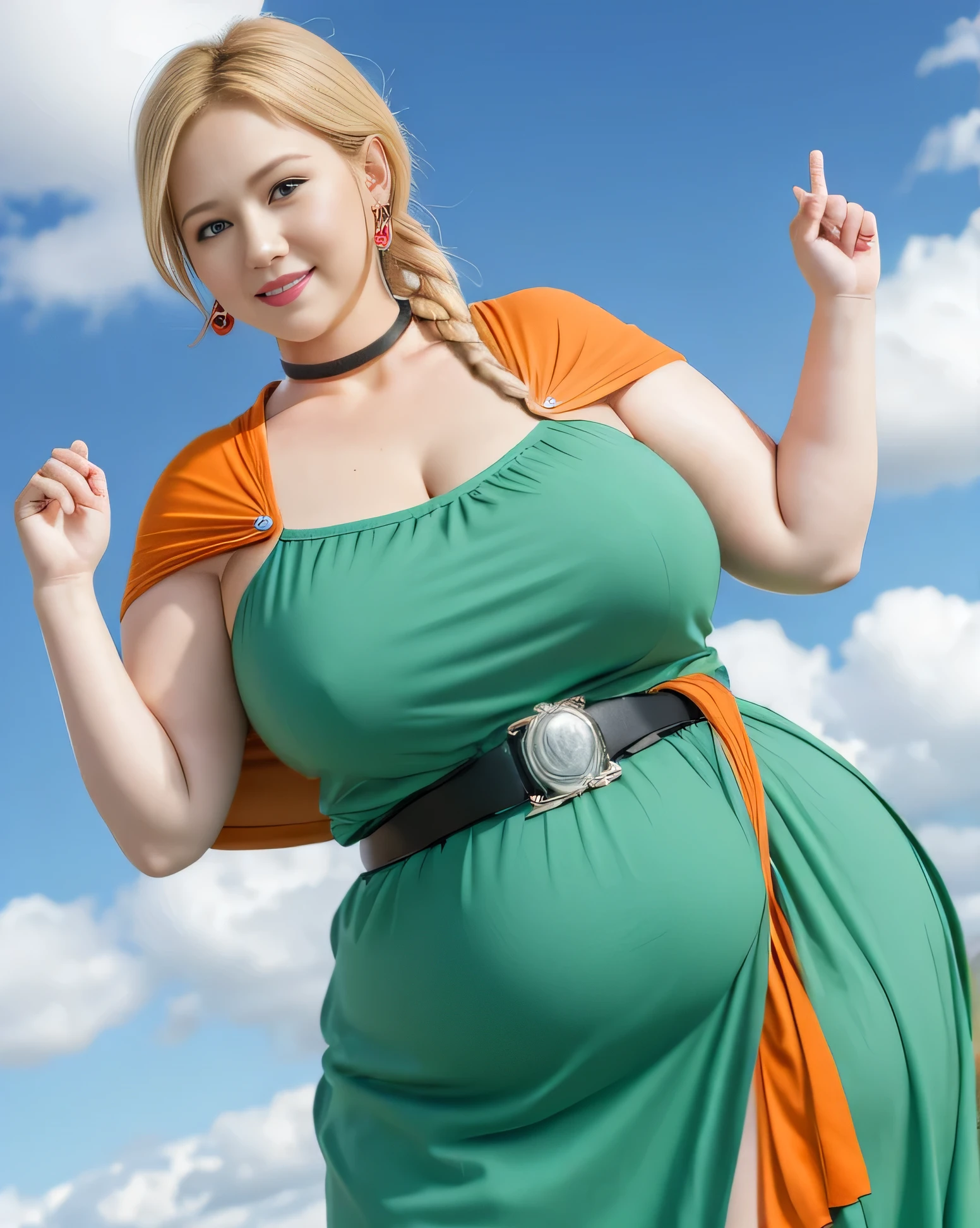 masutepiece, Best Quality, DQ Bianca, Single braid, earrings, Choker, Orange Cape, Green dress, Belt bag, Looking at Viewer, Large breasts, hands to hips, long boots, Smirk, Open mouth, furrowed brow, Smile, skyporn, Clouds, fields, 1 girl, ((Sarong-pass)), Overweight, ((Extremely fat)), ((Chubby)), Japanese