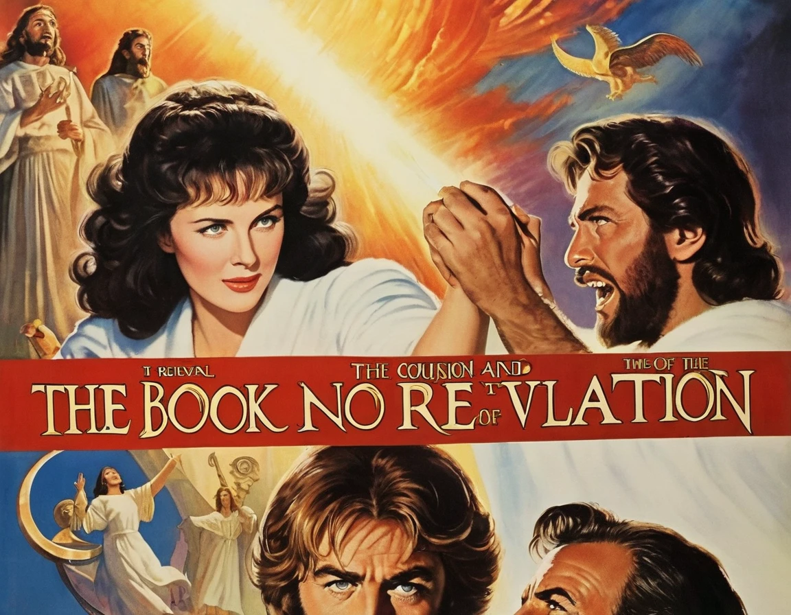 poster of the movie "The conclusion and the beginning of the book of Revelation", title, book of revelation being opened,  reminiscent of classic film posters