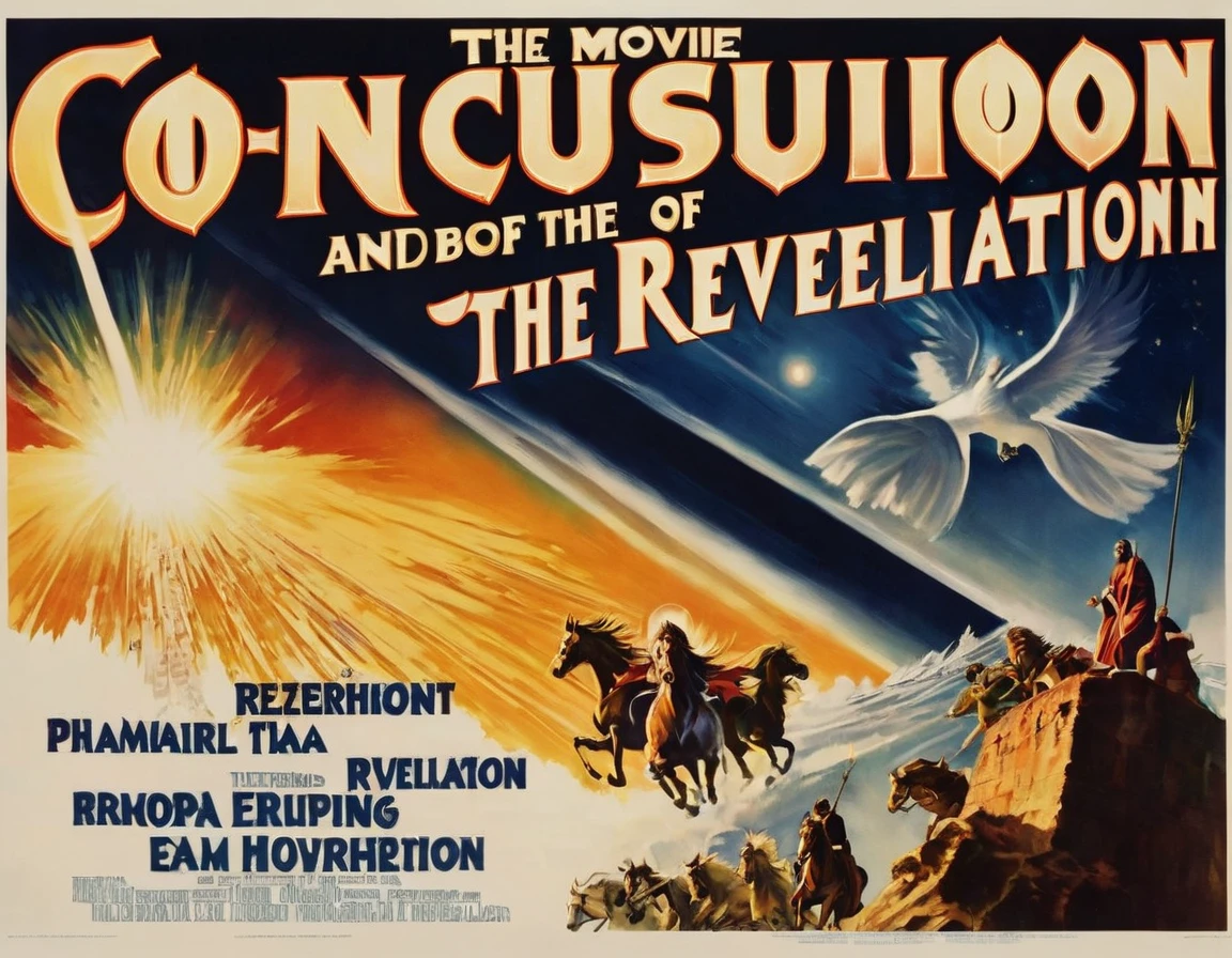 poster of the movie "The conclusion and the beginning of the book of Revelation", title, book of revelation being opened, reminiscent of classic film posters