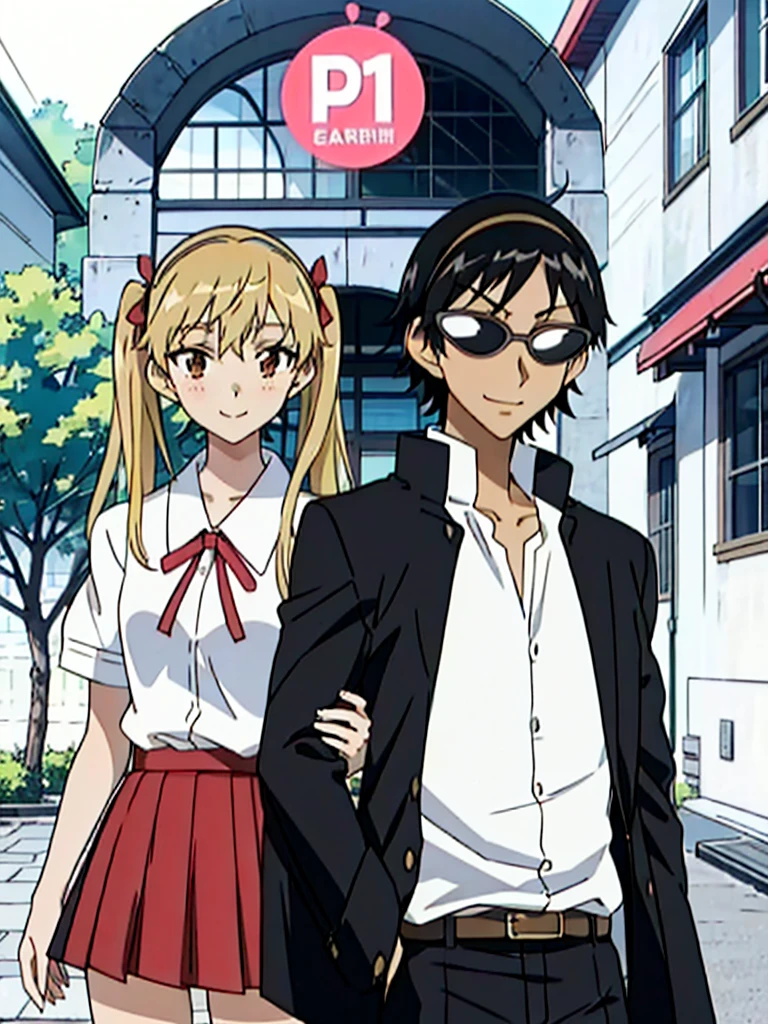 1 boy and 1 girl stand in the street,twintails,sawachika eri, brown eyes, hair ribbon,harimakenji, glasses, ,school uniform, red pleated skirt,eri,hairband, looking_at_viewer, serious, gakuran, white_shirt,smile,happy,two persons