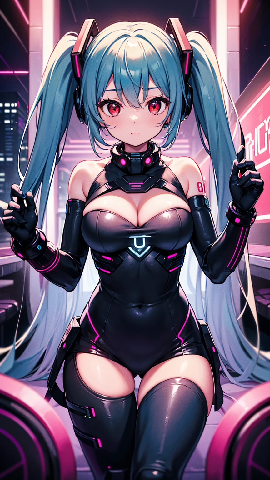 最high quality、Best image quality、masterpiece、Hatsune Miku Vocaloid、Big breasted android girl((18-year-old、red, Glowing black and blue cyber suit、Best Bust、Bust 90、Twin tails、red Eyes、Open your chest wide、valley、happiness、thin、Expressionless、)）high quality、Beautiful art、background((Metro City、cyber punk、Nightclub、Cyber World))、Tabletop、Exquisite design、Visual Arts、