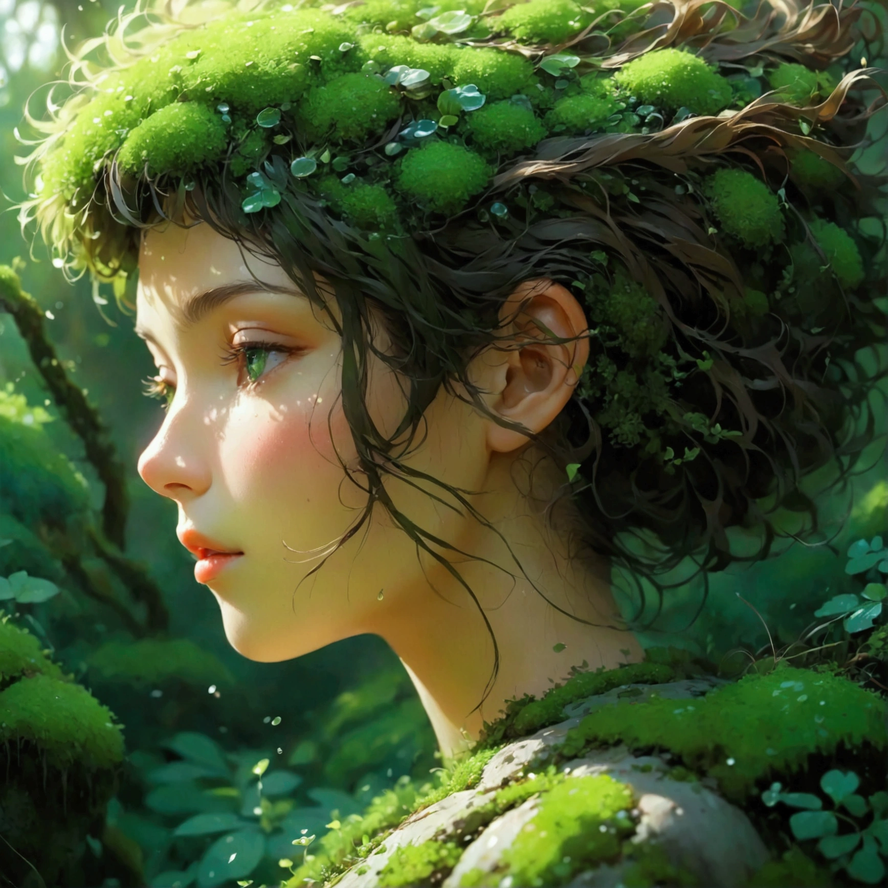 Rounded head, Hair-free smooth surface, Lush green moss, Rui々Texture, The vitality of nature, Silence, time, weathered
