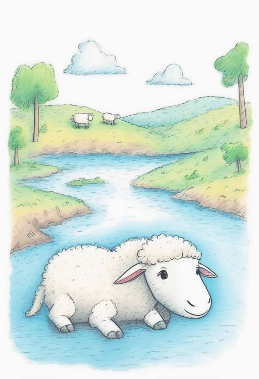 low quality, Children's Drawings, one crocodile, cute, Sheep-like, (fluffy), (stuffed), blue, smiling, landscape, swim, White background