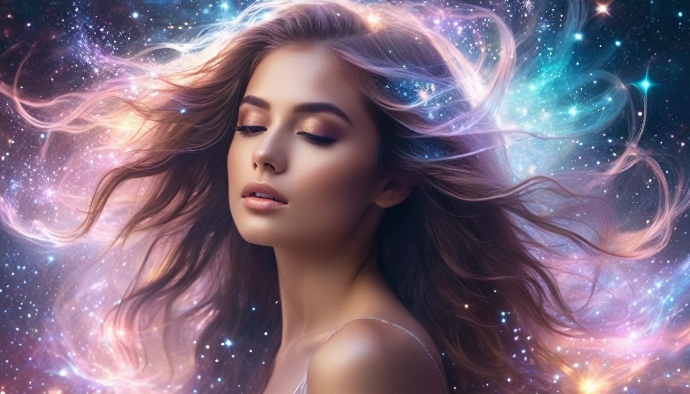 "Beautiful ethereal young woman with flowing hair, standing amidst a swirling cosmic nebula, magical sparks and stardust surrounding her, dreamy and enchanting atmosphere, high detail, photorealistic quality"

fantasy
portrait
space
magic
"Delicate young female figure emerging from a misty galaxy, soft pastel colors, celestial beauty, wisps of cosmic energy swirling around her, ethereal glow, ultra high resolution, cinematic lighting"