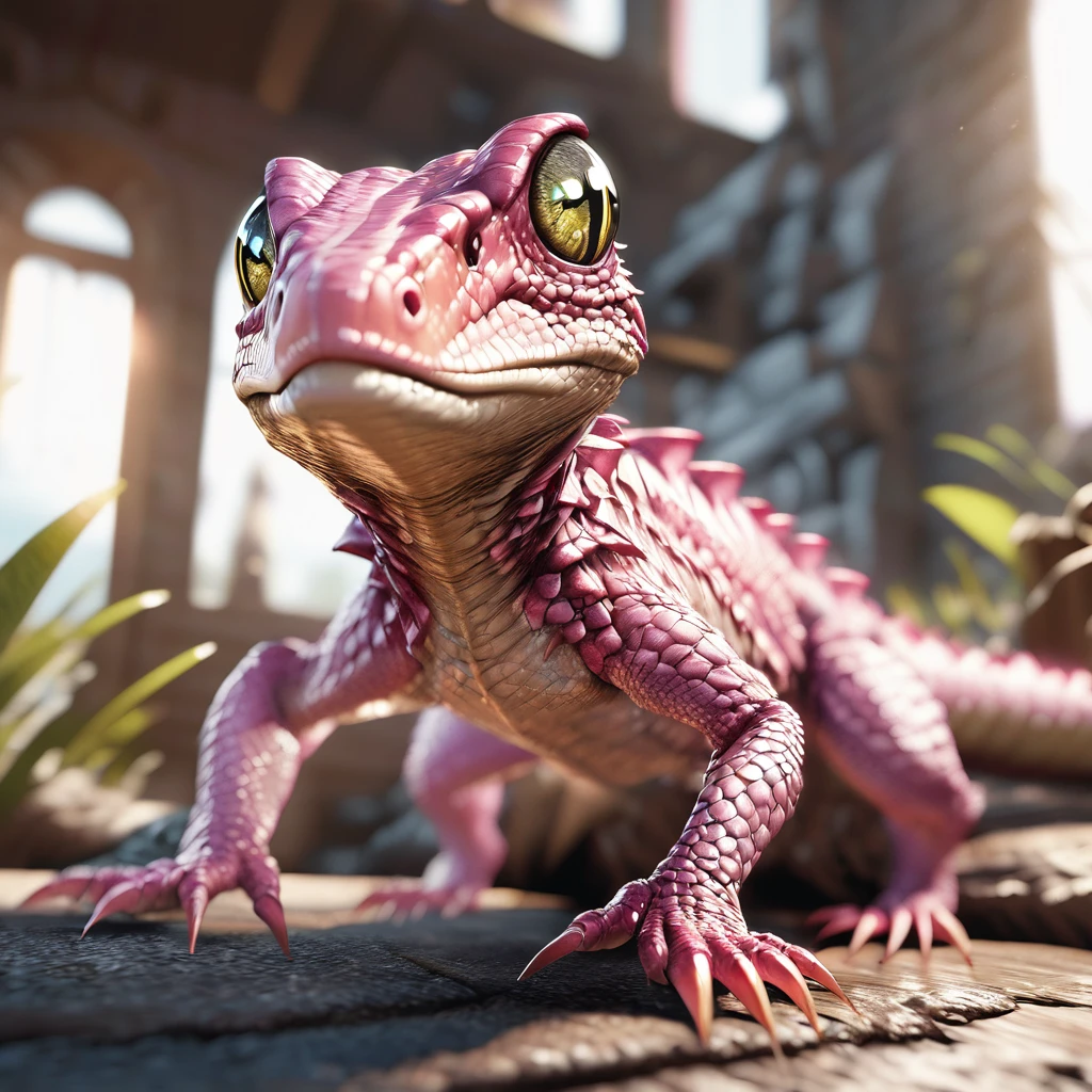 highly realistic cute and adorable baby lizard with a nice tail and a pink body, surreal hybrid animals, detailed reptile eyes, hyperrealistic fantasy art, hyperrealistic d & d fantasy art, hyper realistic fantasy monster, fantasy creature, ultra realistic 3d illustration, by Adam Marczyński, 3 d epic illustrations, hyperrealistic concept art, stunning photo real concept art, hyperrealistic 3d digital art, national geographic, professional photography, unreal engine, hdr, 8k
