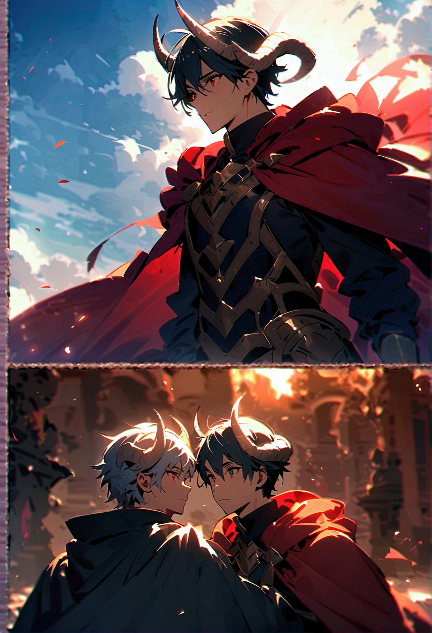 Handsome man, 2 men,Good friends、hug、 17 years old, teenager, A demon king with ram's horns on his head、Human Knight Cloak、 Fantasy,blue sky